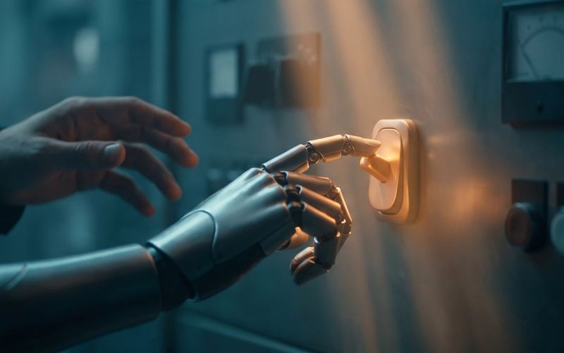A sleek robotic hand reaching in to flip a glowing warm-amber switch on its own while a human hand hovers hesitant beside it, deep teal shadow - the automation eager to take the wheel before you are ready.