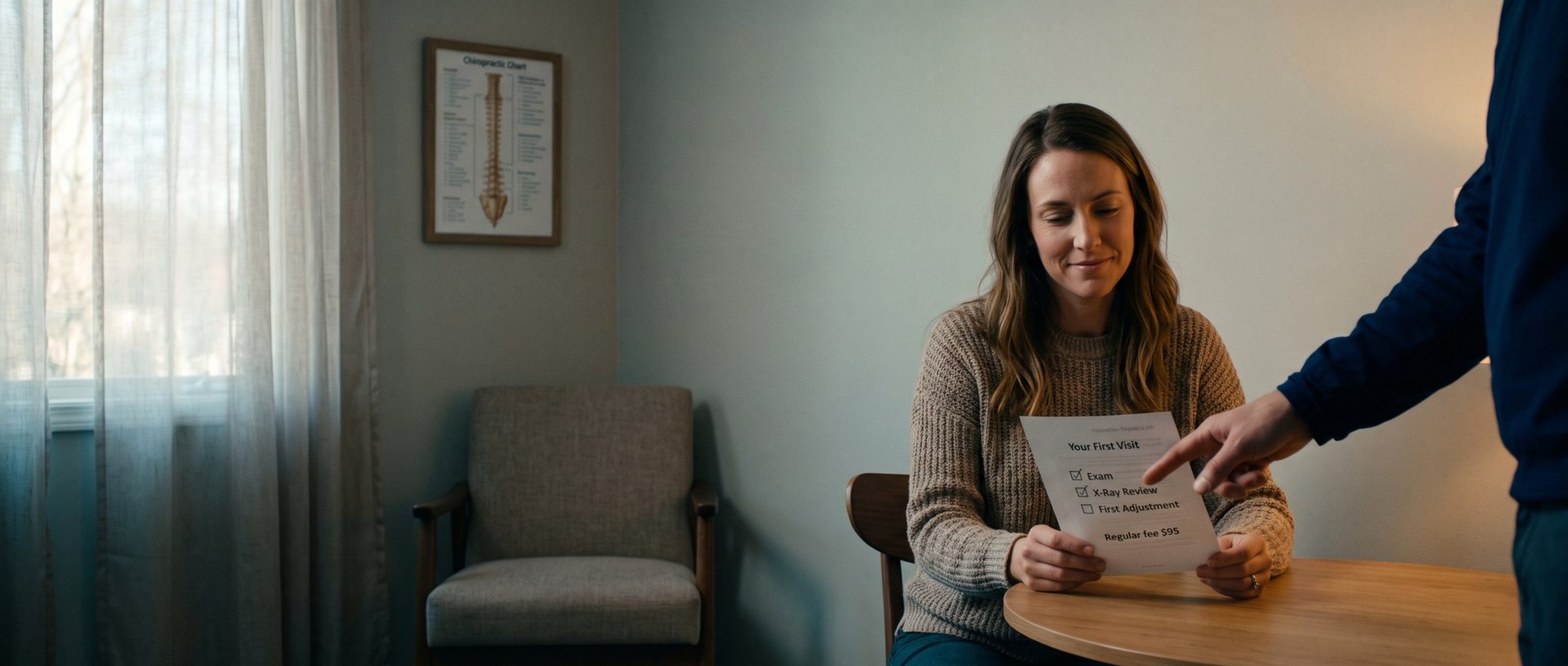 In a chiropractic consultation room, a new patient reads a one-page Your First Visit sheet listing the exam, X-ray review, first adjustment and regular fee while a chiropractor points to the checklist