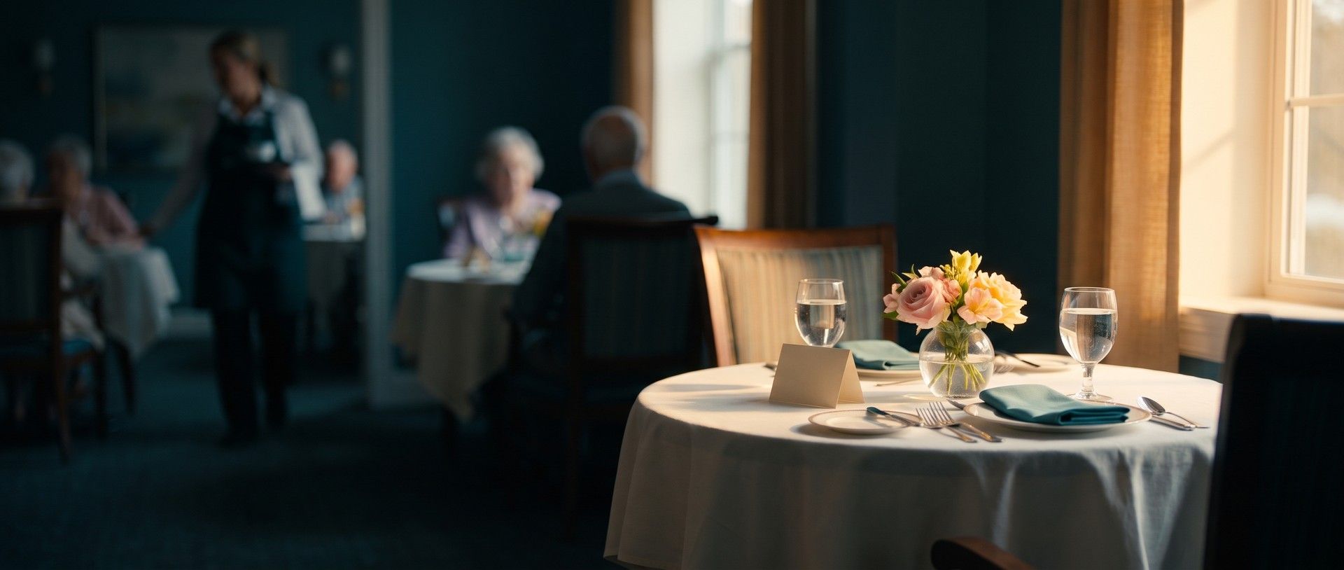 A window table in a senior living community dining room set for two visitors at lunch, with teal napkins, water glasses, fresh pink and yellow flowers and a small blank tent card, residents and a server soft in the background