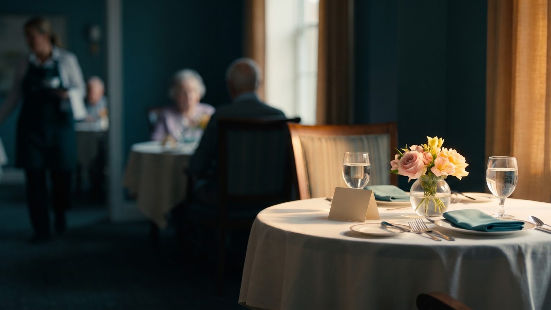 A window table in a senior living community dining room set for two visitors at lunch, with teal napkins, water glasses, fresh pink and yellow flowers and a small blank tent card, residents and a server soft in the background