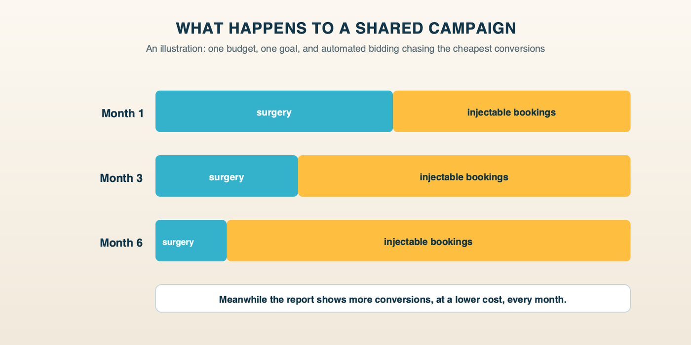 What happens to a shared campaign over time: in month one the budget is split between surgery and injectables; by month three most of it has drifted to injectable bookings, which look cheaper to Google; by month six surgery consults are a small slice while the report shows more conversions than ever
