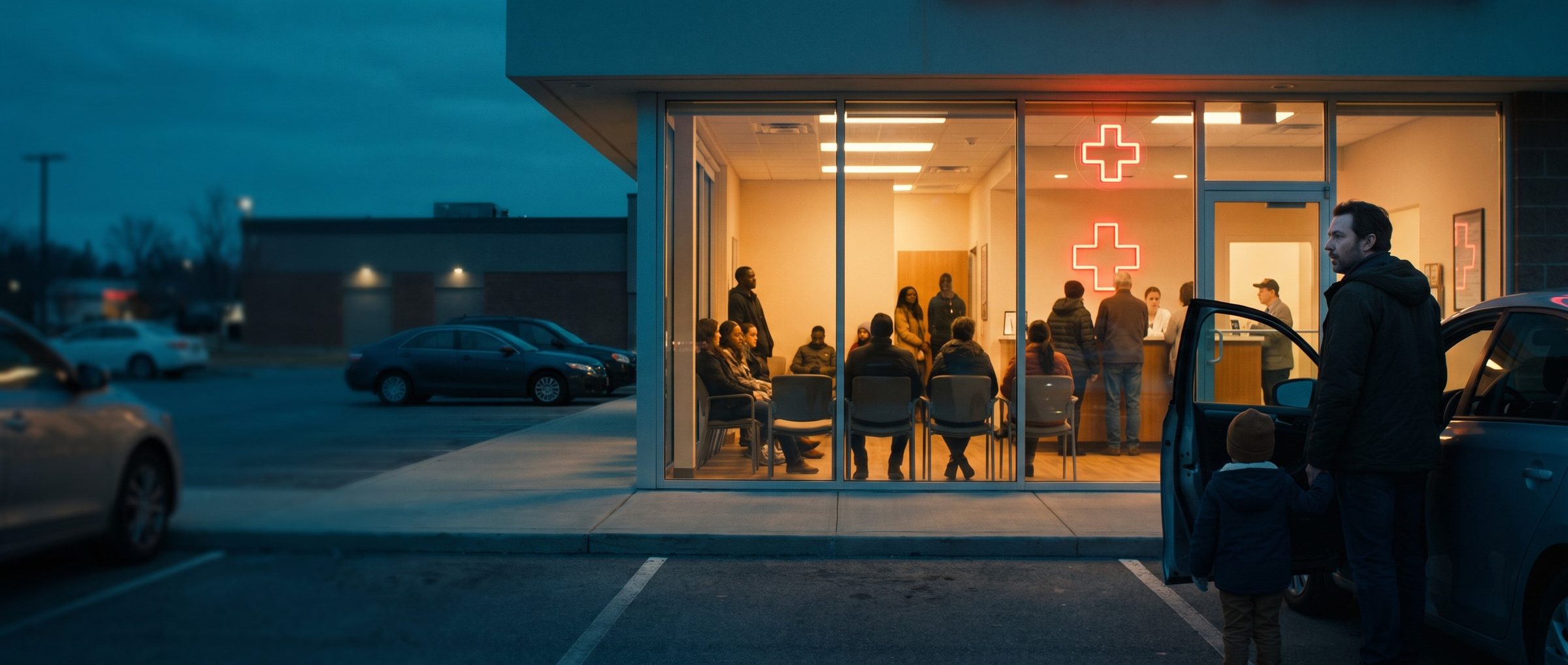 At dusk, a father holding his young son's hand pauses at his open car door, looking at an urgent care's brightly lit waiting room where every chair is taken and a line has formed at the front desk