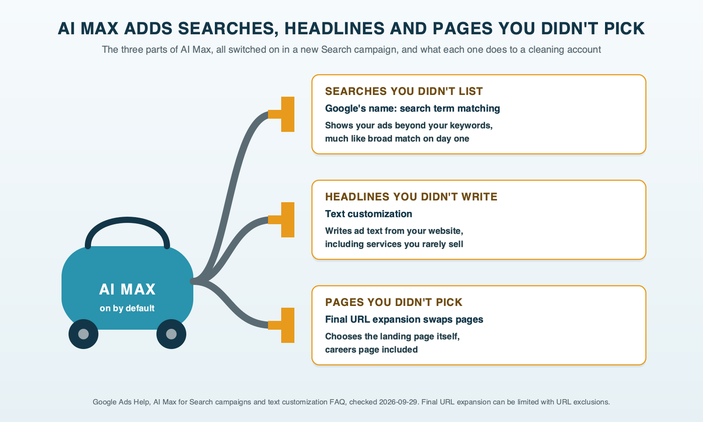 A vacuum with three attachment heads, one for each part of AI Max that starts switched on in a new Search campaign: searches you didn't list, headlines you didn't write and pages you didn't pick