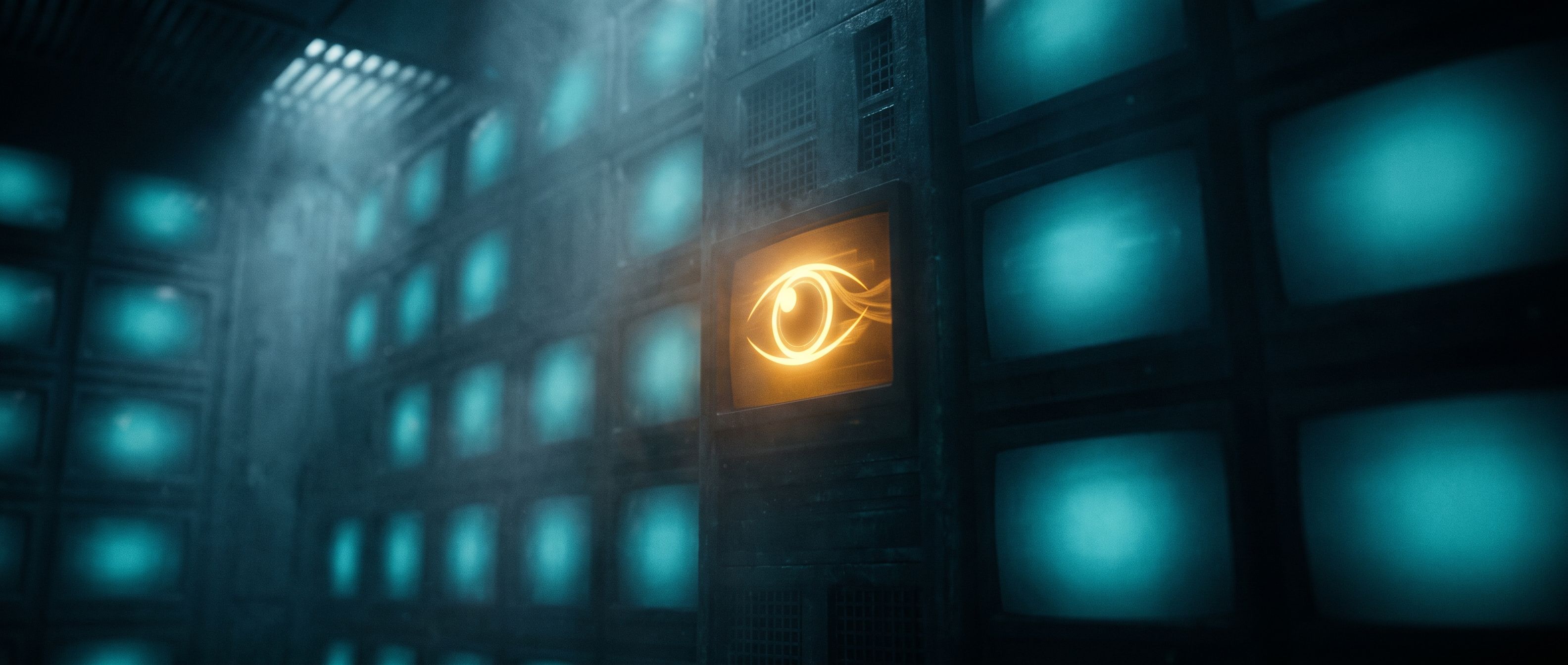 A wall of dark, dim monitors with one central screen resolving out of static into a single clear, bright amber image - Meta finally seeing the picture clearly.