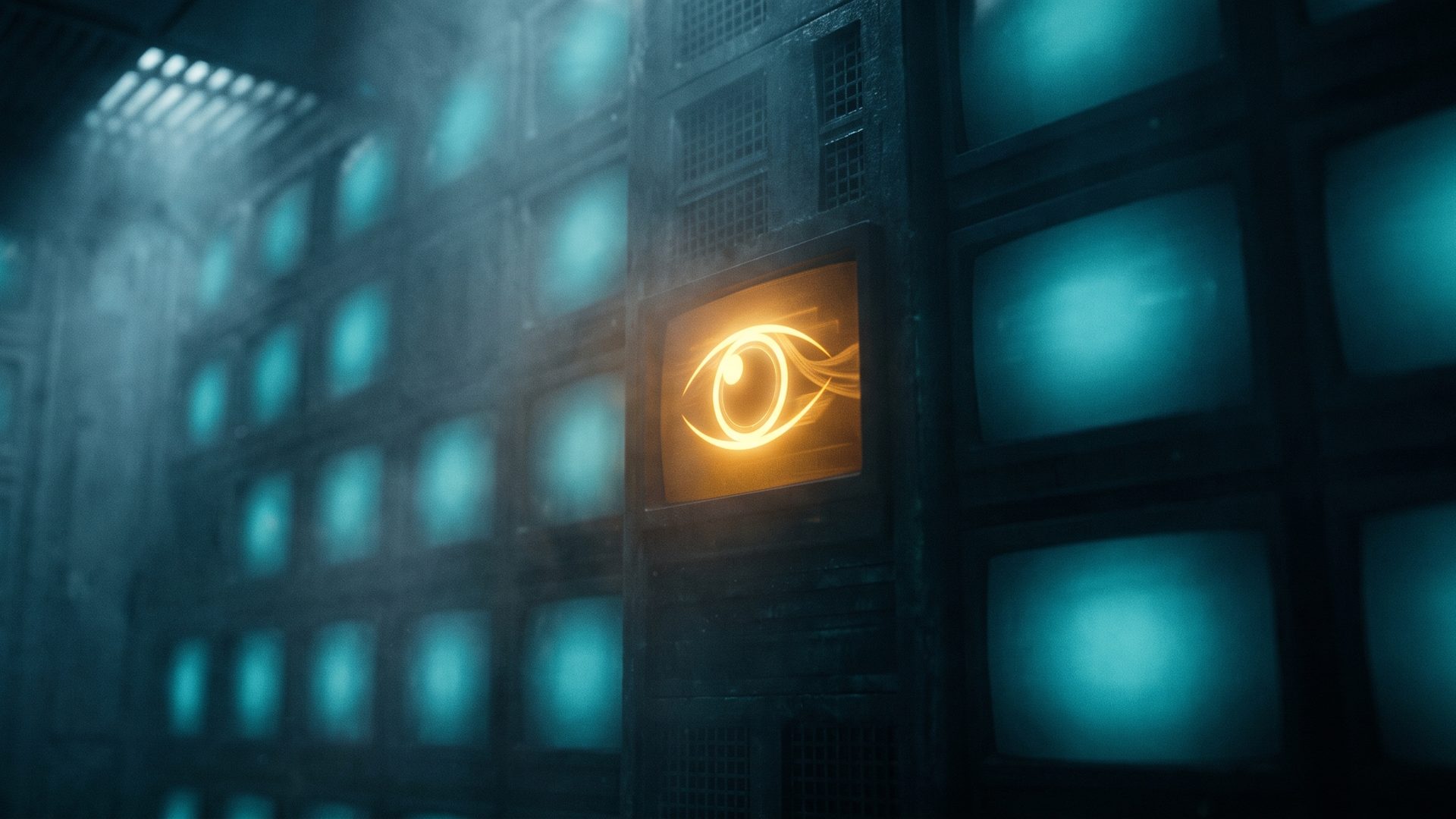A wall of dark, dim monitors with one central screen resolving out of static into a single clear, bright amber image - Meta finally seeing the picture clearly.