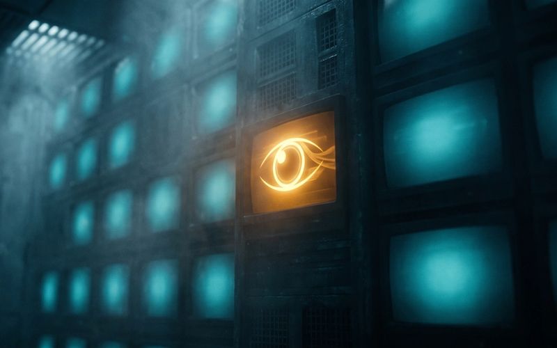 A wall of dark, dim monitors with one central screen resolving out of static into a single clear, bright amber image - Meta finally seeing the picture clearly.