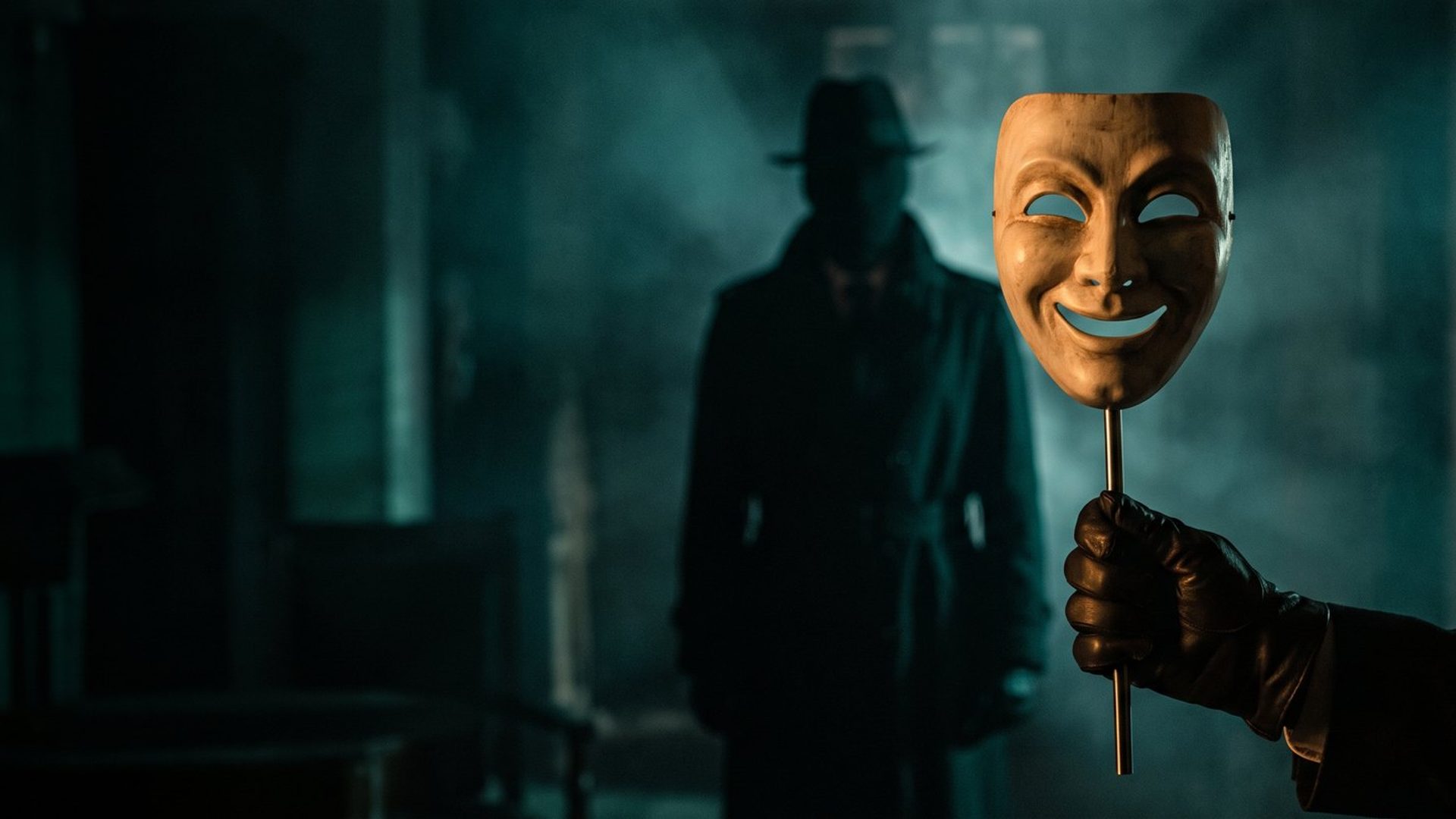 A gloved hand holding up a smiling theater mask on a rod while a figure in a hat and long coat waits in the shadows behind it, lit in dark teal with a warm amber glow on the mask.