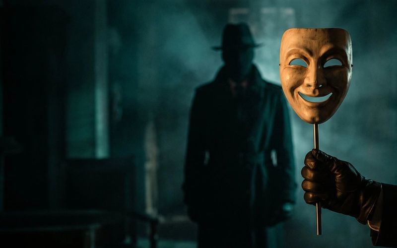 A gloved hand holding up a smiling theater mask on a rod while a figure in a hat and long coat waits in the shadows behind it, lit in dark teal with a warm amber glow on the mask.