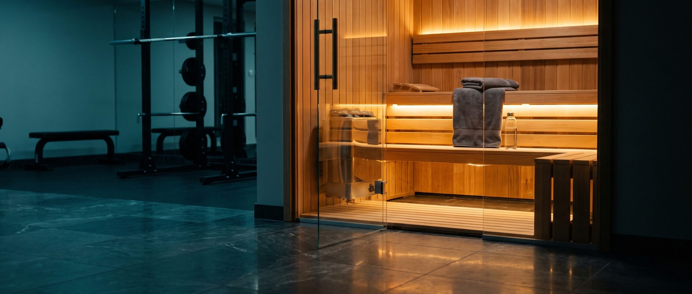 A warm cedar sauna glowing behind its open glass door in a gym at dawn, a folded gray towel and a water bottle on the lit bench, with squat racks in cool shadow on the gym floor beside it