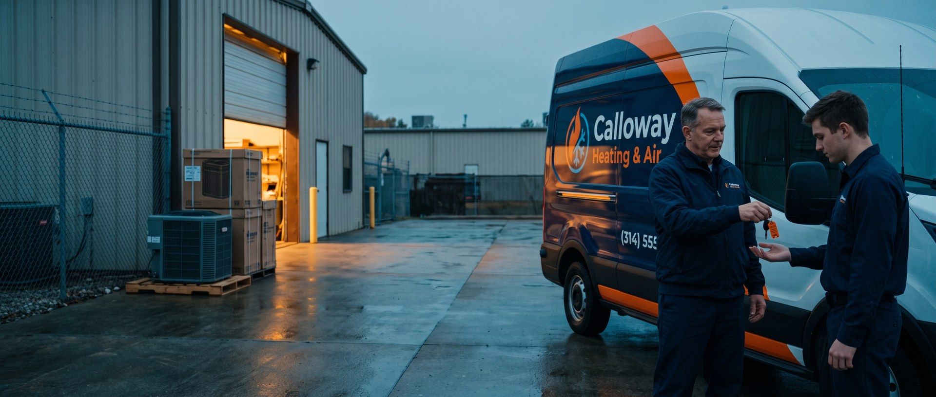 At dawn in a heating and cooling company's yard, the owner hands the keys of a branded service van to a young technician, still holding the key tag