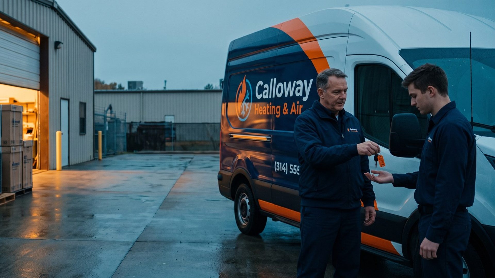 At dawn in a heating and cooling company's yard, the owner hands the keys of a branded service van to a young technician, still holding the key tag