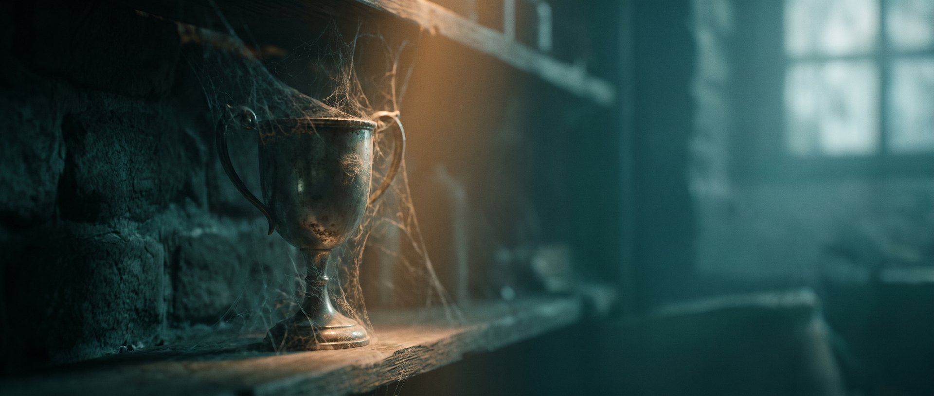 A tarnished silver trophy cup on a stone ledge, strung with thick cobwebs and dulled by dust, lit by one warm shaft of light