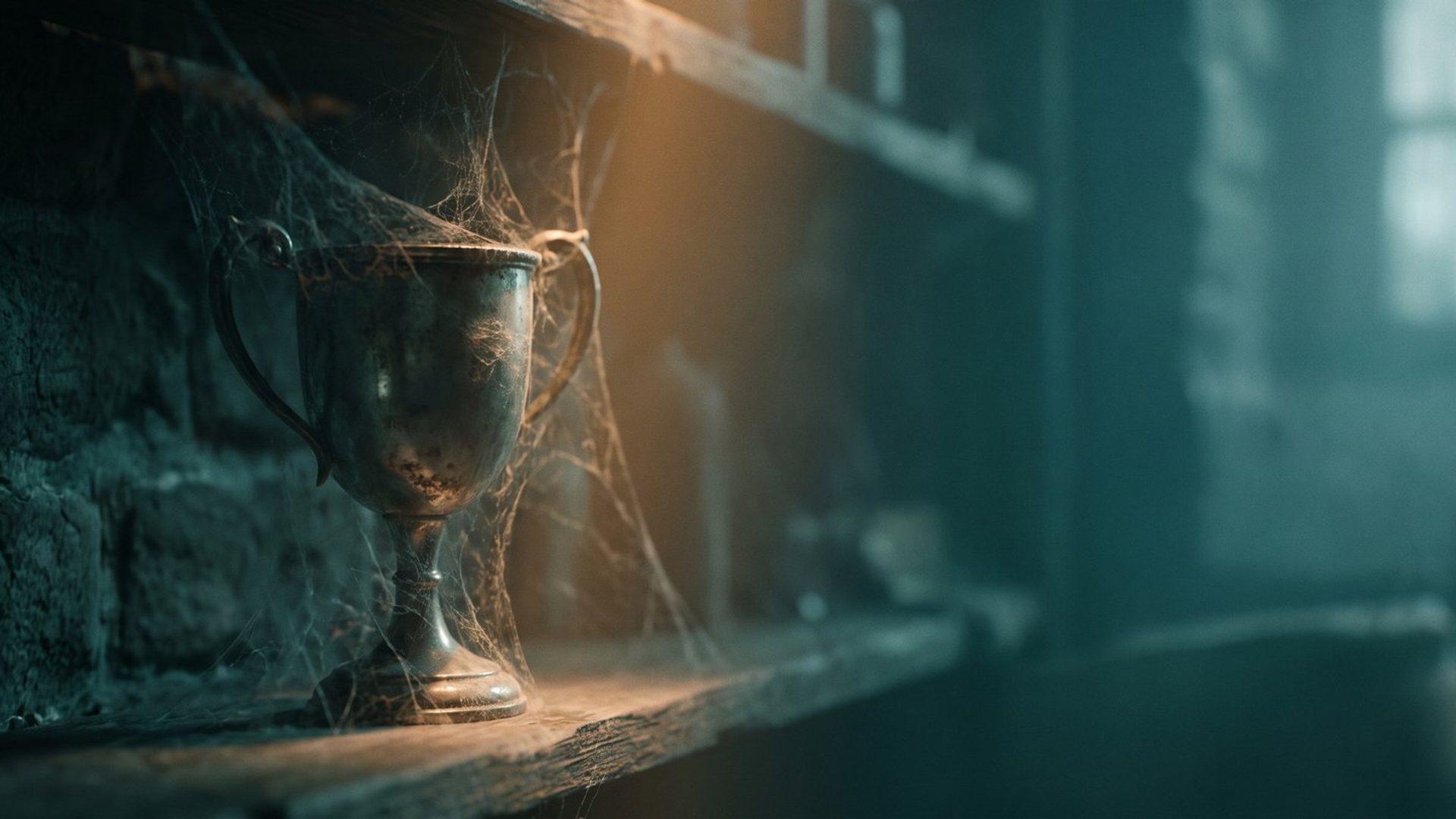 A tarnished silver trophy cup on a stone ledge, strung with thick cobwebs and dulled by dust, lit by one warm shaft of light