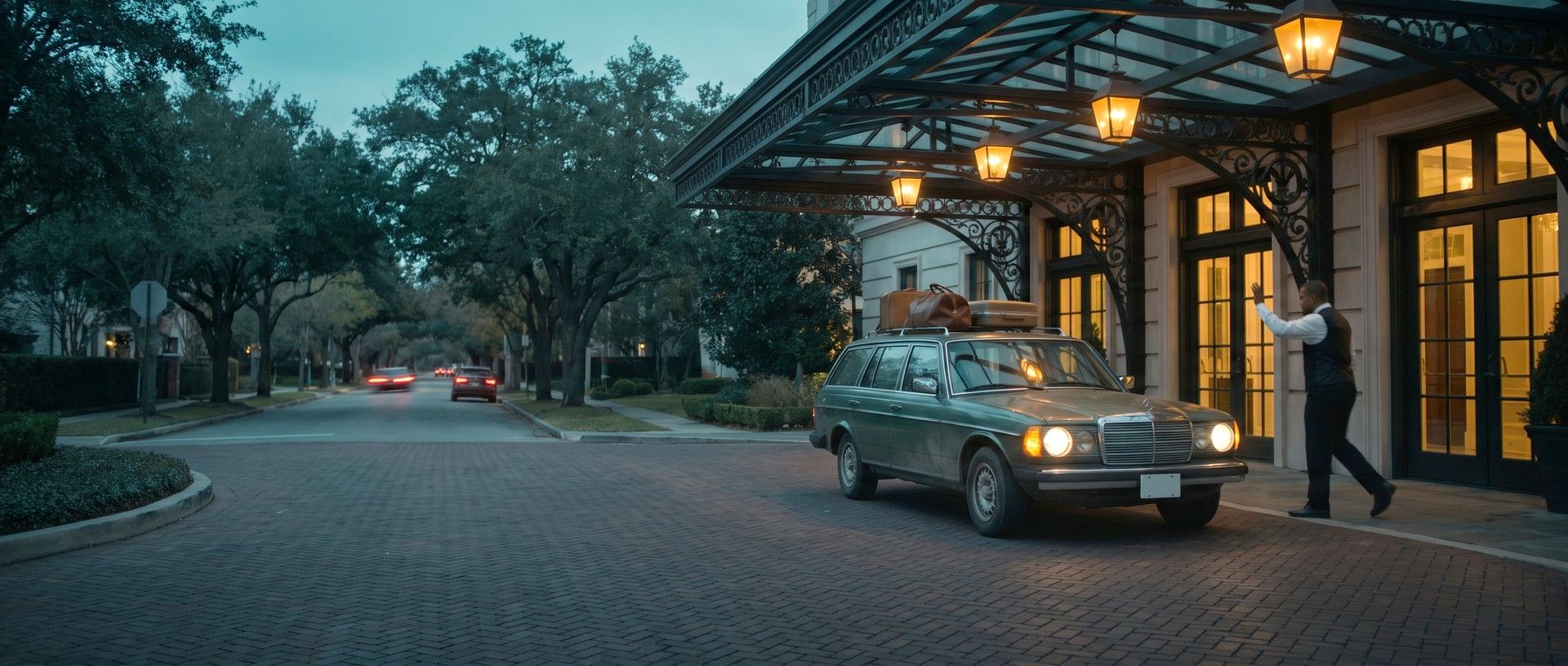 A dusty green station wagon with duffel bags and a suitcase on its roof rack pulling under a hotel's lantern-lit wrought-iron canopy at dusk, a valet in a vest walking toward it with a hand raised, an oak-lined street with distant taillights behind