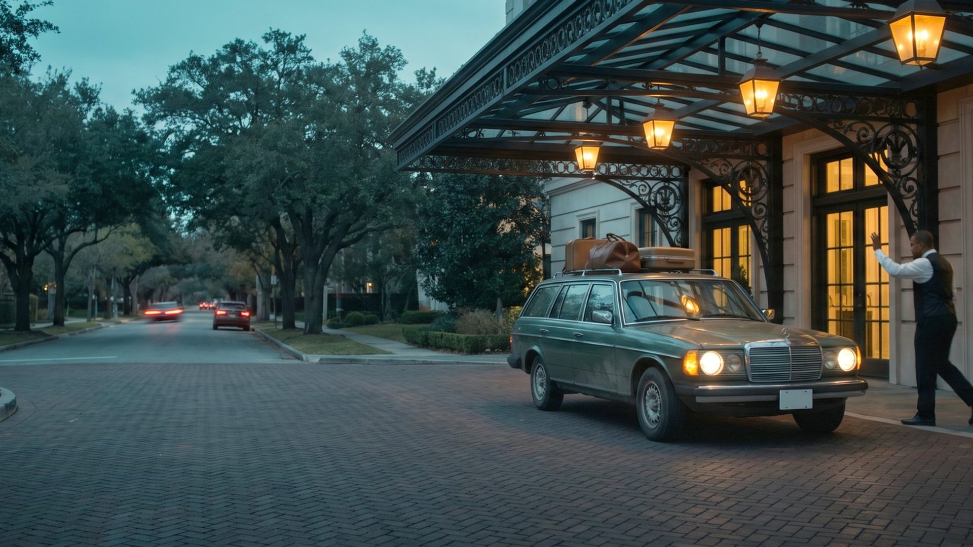 A dusty green station wagon with duffel bags and a suitcase on its roof rack pulling under a hotel's lantern-lit wrought-iron canopy at dusk, a valet in a vest walking toward it with a hand raised, an oak-lined street with distant taillights behind
