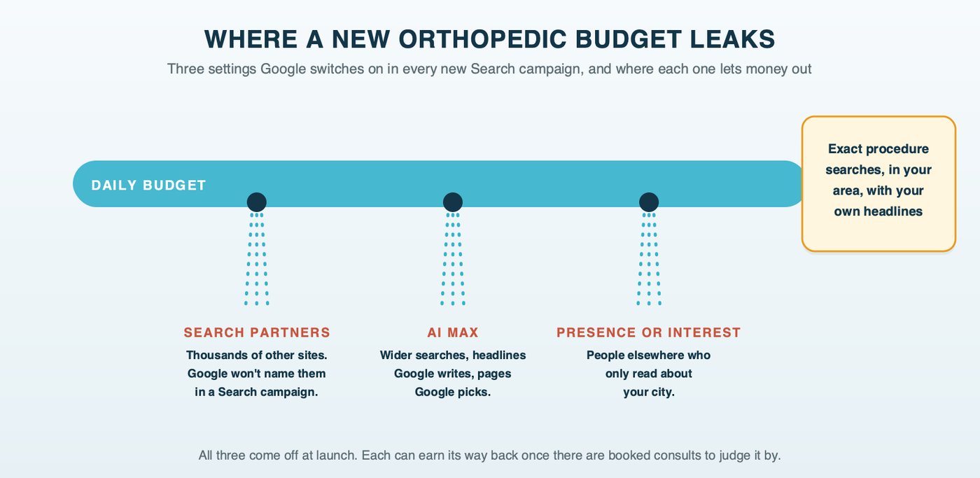 A pipe diagram: an orthopedic practice's daily budget flows toward exact searches in your area with your own headlines, and leaks at three points along the way: search partner sites, AI Max matching and rewriting, and out-of-area interest