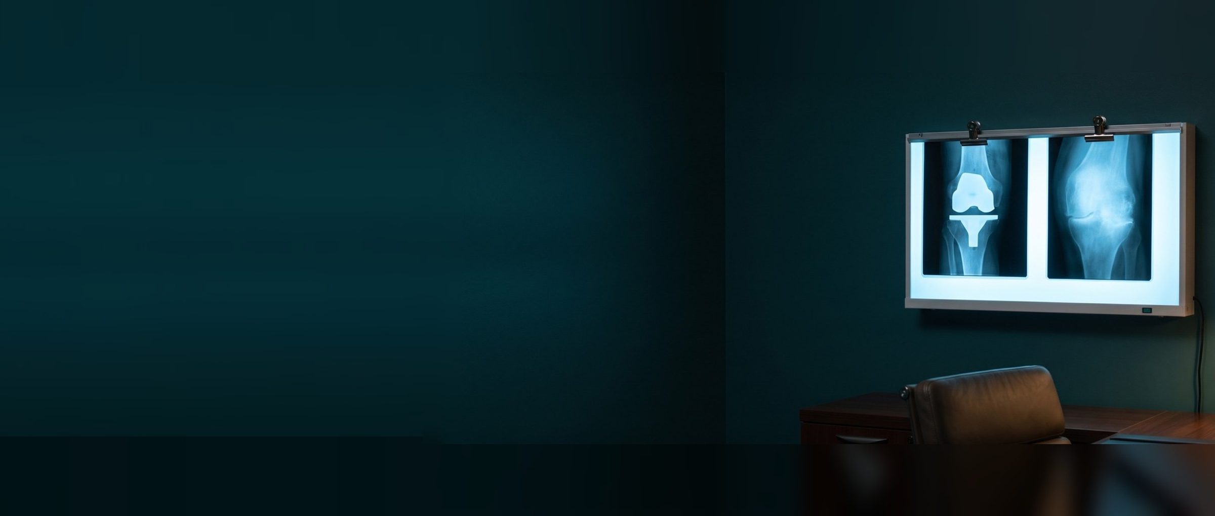A glowing lightbox on the wall of a dim orthopedic exam room holds two knee X-rays side by side, one knee with a metal knee replacement and the other with the narrowed joint of arthritis, above a desk, a chair and a warm lamp