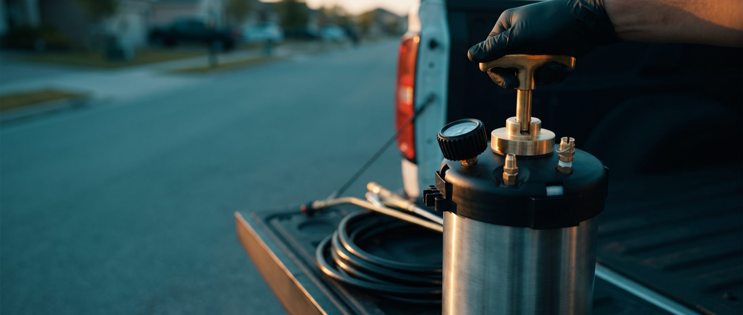 A pest control technician's black-gloved hand pumps the brass handle of a stainless compression sprayer with a pressure gauge on a truck tailgate at sunrise