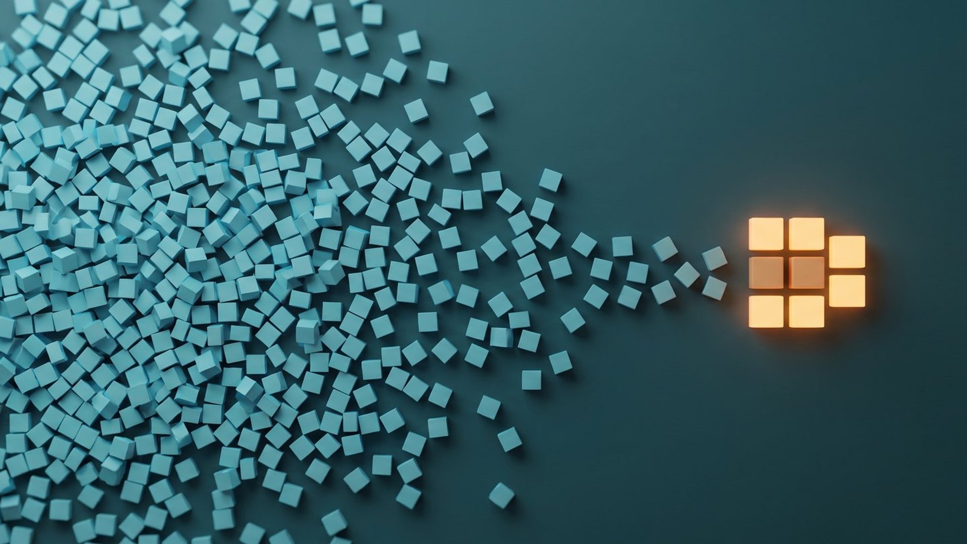 A wide sprawl of loose pale cubes resolving on the right into one tidy amber-lit cluster of four