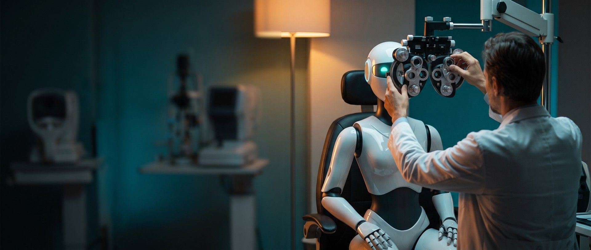 A sleek white AI robot sits in an eye exam chair while an optometrist adjusts a phoropter in front of its glowing teal eyes
