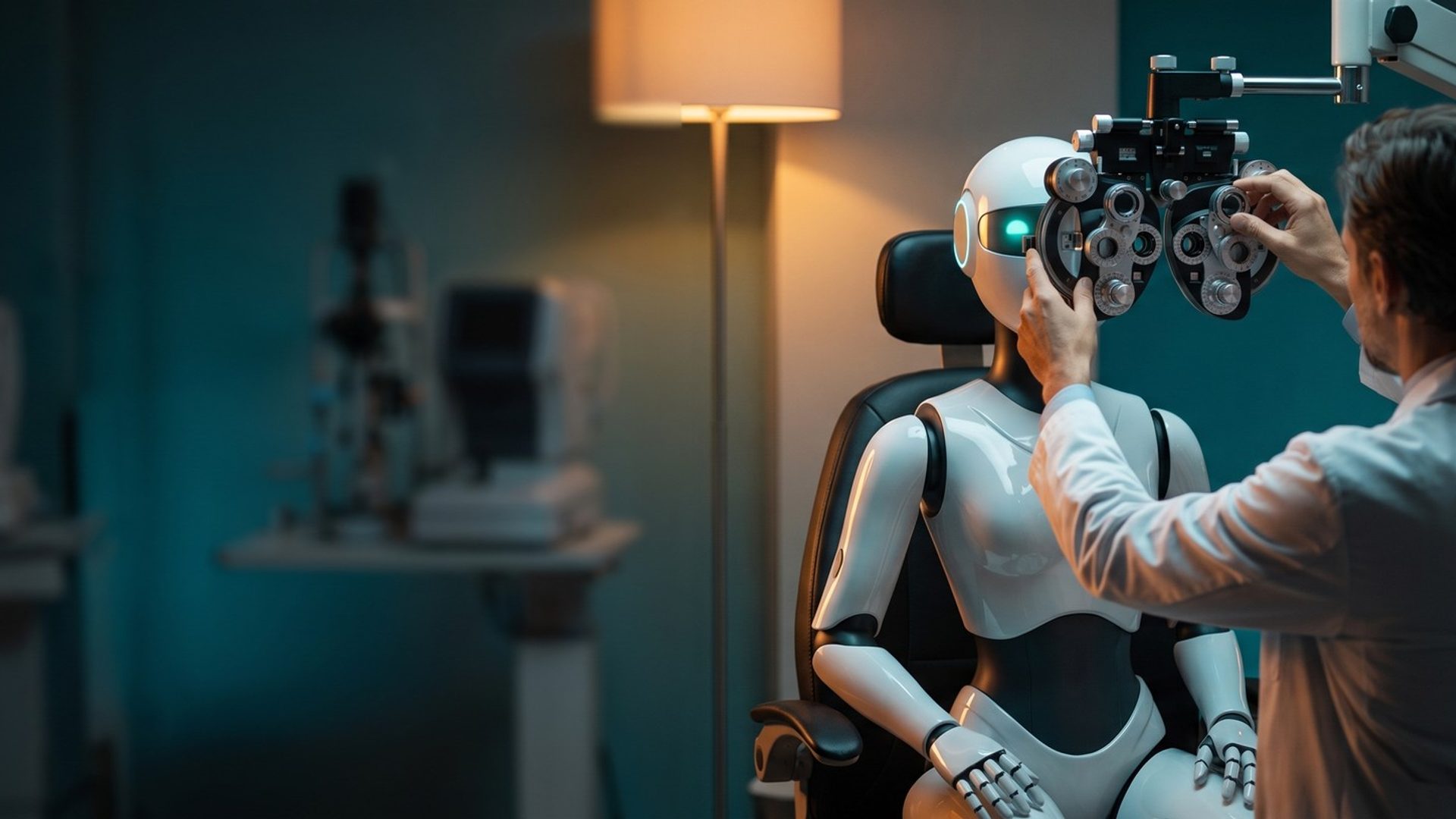 A sleek white AI robot sits in an eye exam chair while an optometrist adjusts a phoropter in front of its glowing teal eyes