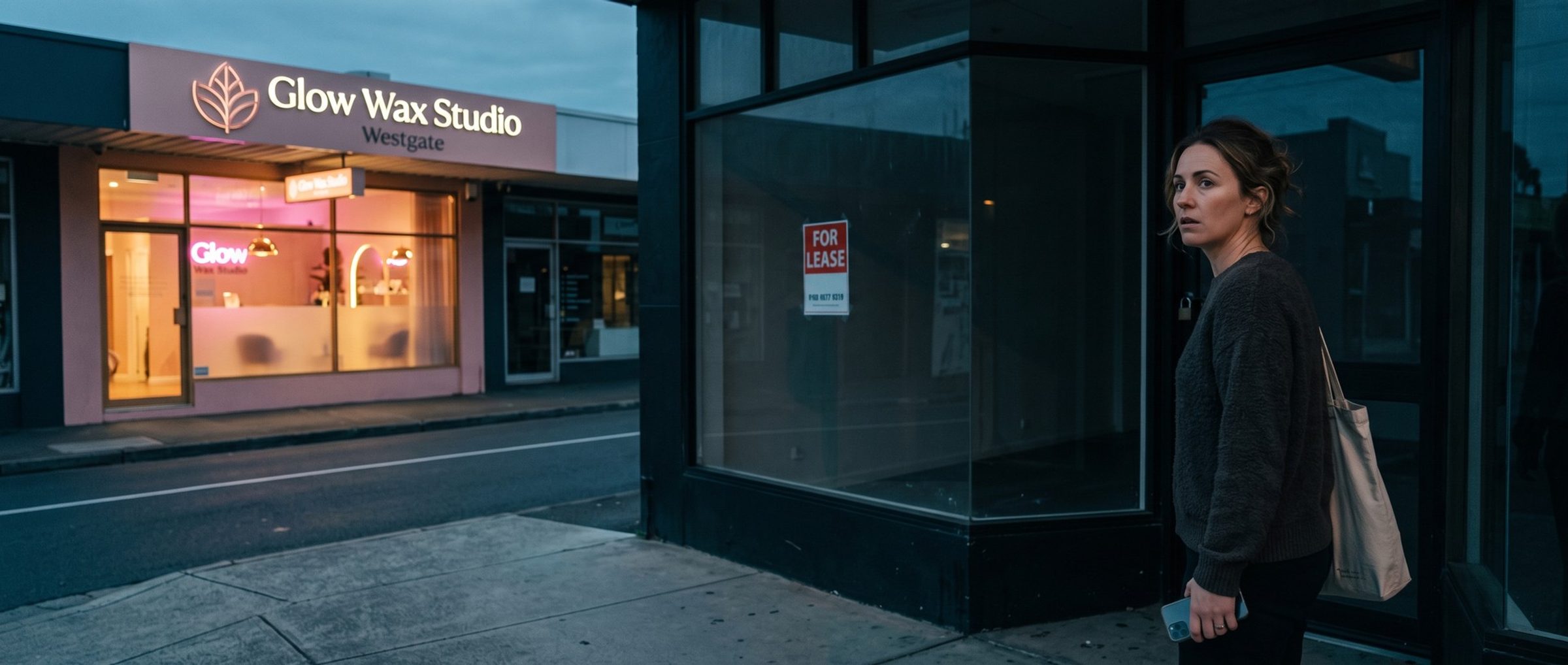 At dusk a woman with a tote bag stands confused at the locked door of a dark storefront with a For Lease sign while a lit wax studio glows across the street
