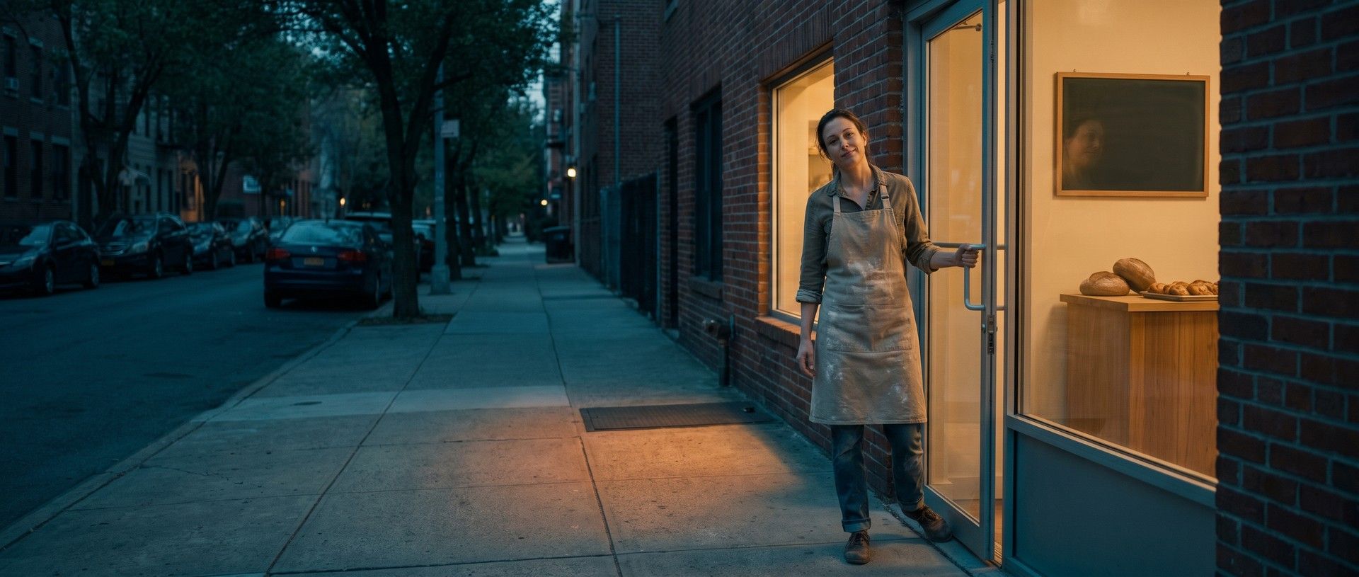 A woman in a flour-dusted apron holding open the glass door of her small new brick-front bakery at dawn, loaves and pastries on a wooden counter in the warm light behind her, the empty tree-lined street still blue