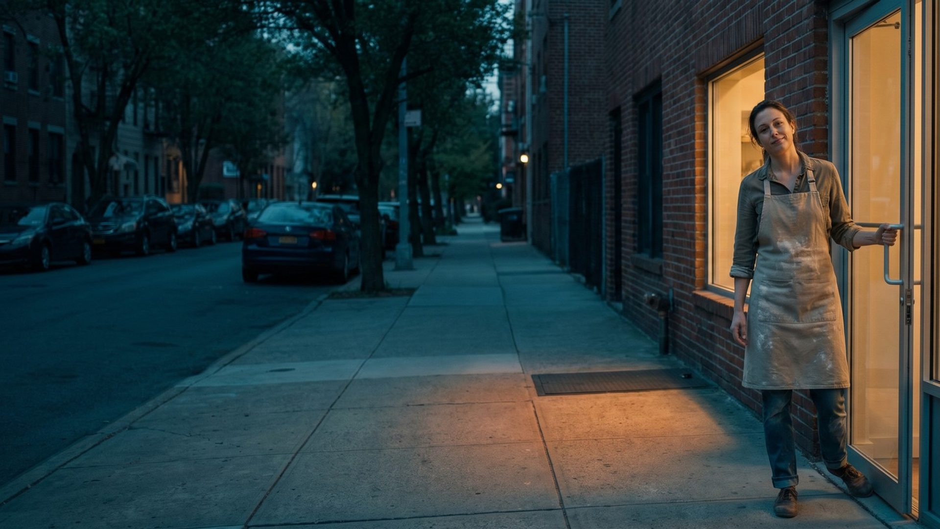 A woman in a flour-dusted apron holding open the glass door of her small new brick-front bakery at dawn, loaves and pastries on a wooden counter in the warm light behind her, the empty tree-lined street still blue
