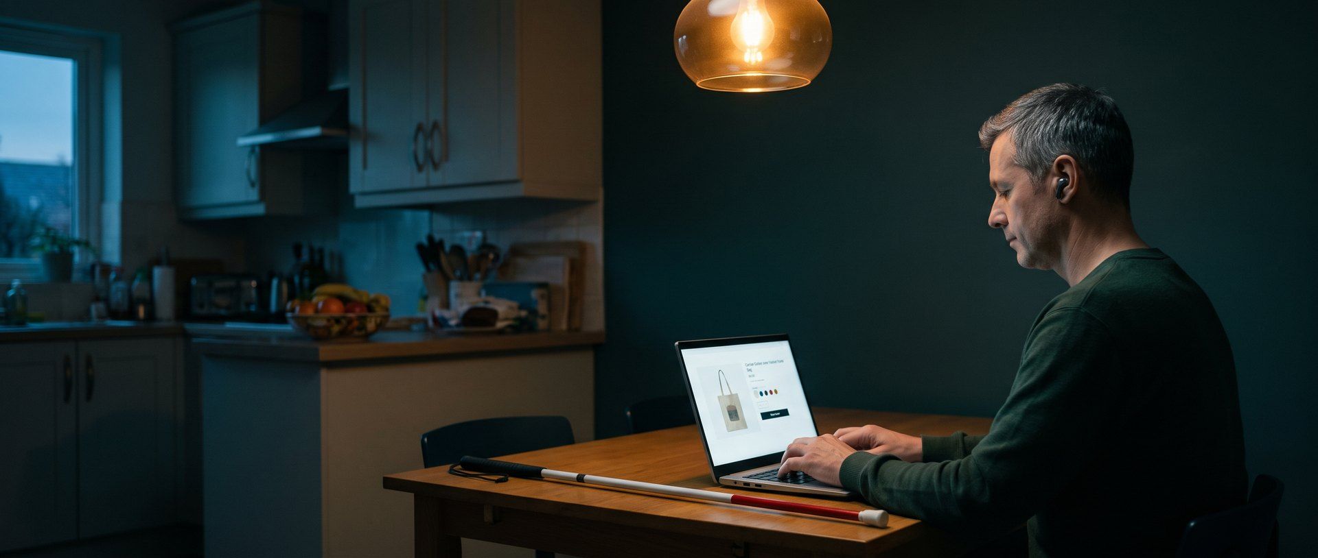 A blind man with earbuds sits at his kitchen table in the evening typing on a laptop that shows an online store product page with a tote bag, color swatches and an Add to cart button, his folded white cane with a red tip lying on the table beside him