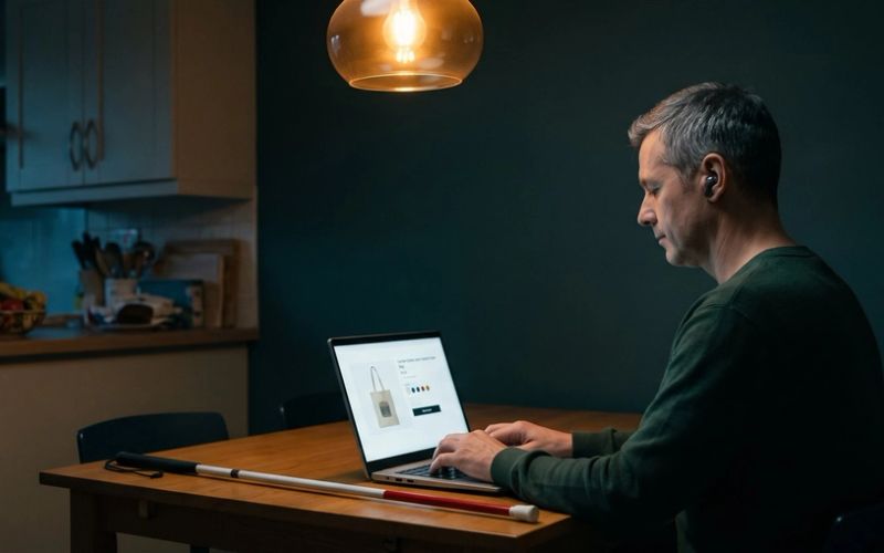 A blind man with earbuds sits at his kitchen table in the evening typing on a laptop that shows an online store product page with a tote bag, color swatches and an Add to cart button, his folded white cane with a red tip lying on the table beside him