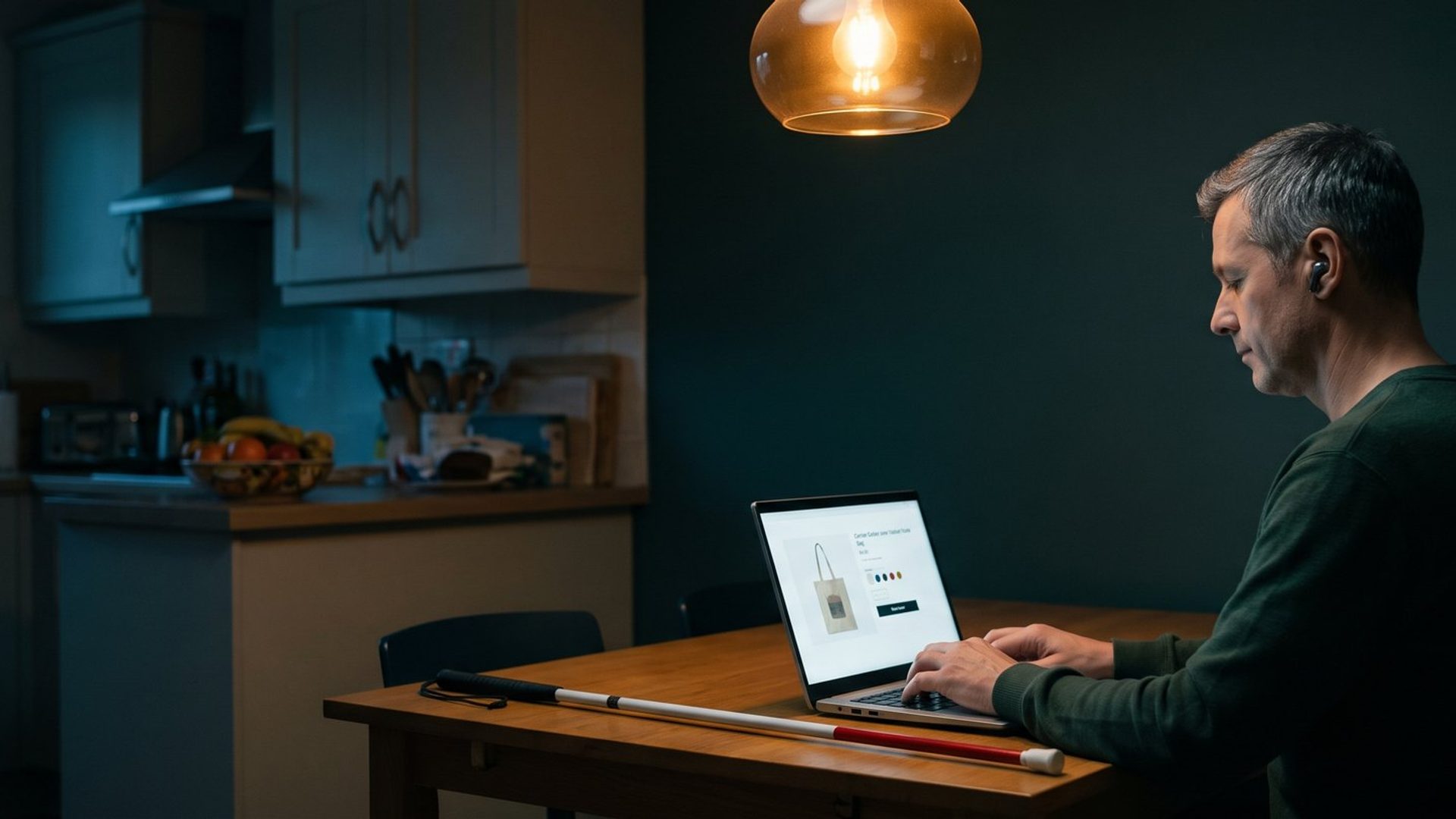 A blind man with earbuds sits at his kitchen table in the evening typing on a laptop that shows an online store product page with a tote bag, color swatches and an Add to cart button, his folded white cane with a red tip lying on the table beside him