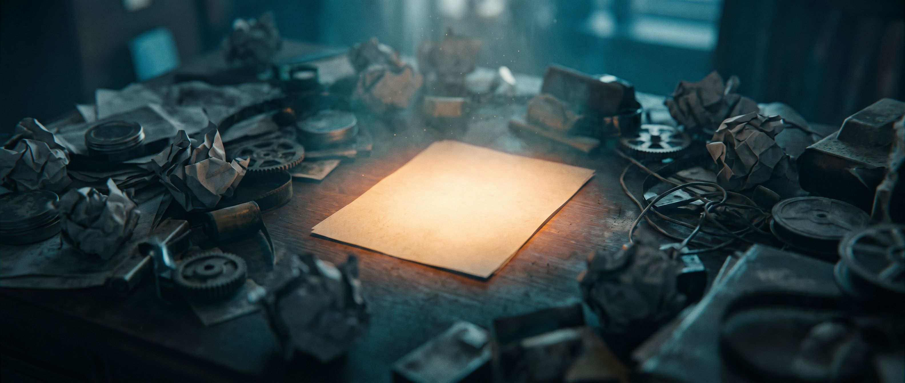 A dark desk piled with crumpled grey clutter, one clean sheet in the center glowing warm amber - the message buried by everything competing around it.