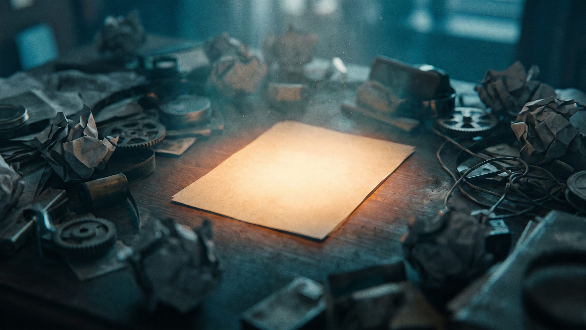 A dark desk piled with crumpled grey clutter, one clean sheet in the center glowing warm amber - the message buried by everything competing around it.