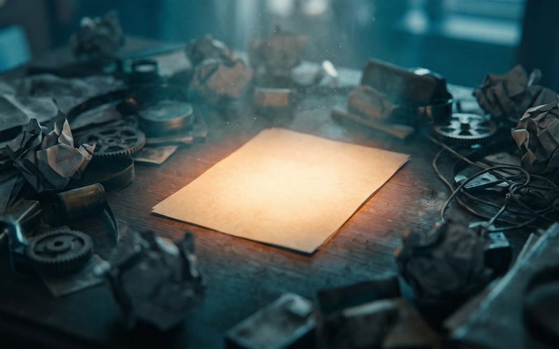 A dark desk piled with crumpled grey clutter, one clean sheet in the center glowing warm amber - the message buried by everything competing around it.