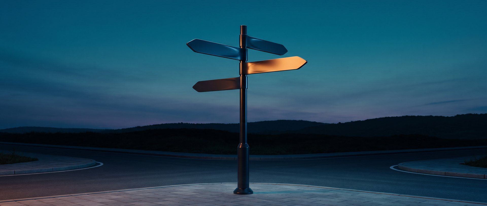 A lone directional signpost at dusk with one arm lit warm amber, pointing the way against a deep teal sky - a store's homepage routes shoppers to the right product.