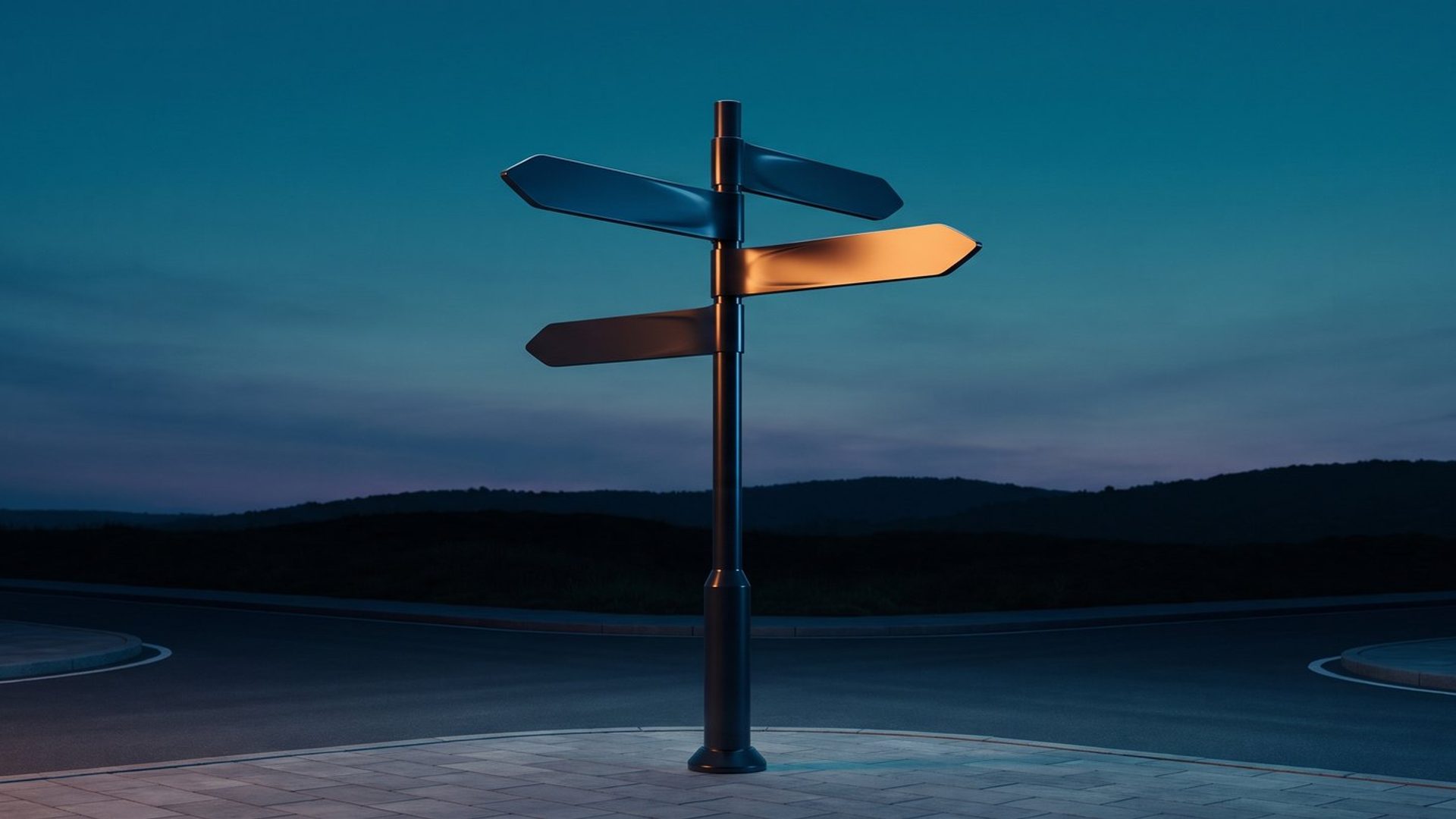 A lone directional signpost at dusk with one arm lit warm amber, pointing the way against a deep teal sky - a store's homepage routes shoppers to the right product.