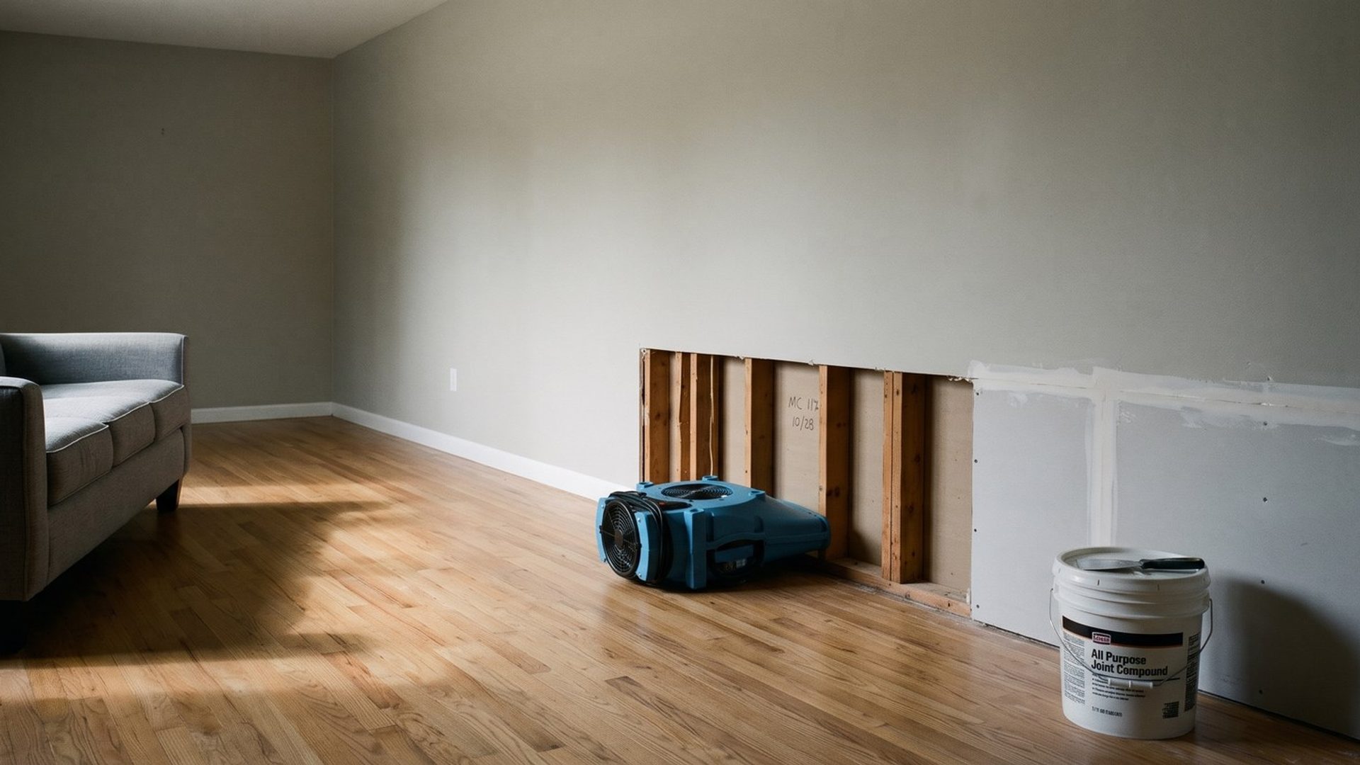 In a living room, the bottom of one wall is cut away to the studs with a blue air mover blowing into the opening, while the rest of the cut is already patched with new taped drywall and a bucket of joint compound sits below
