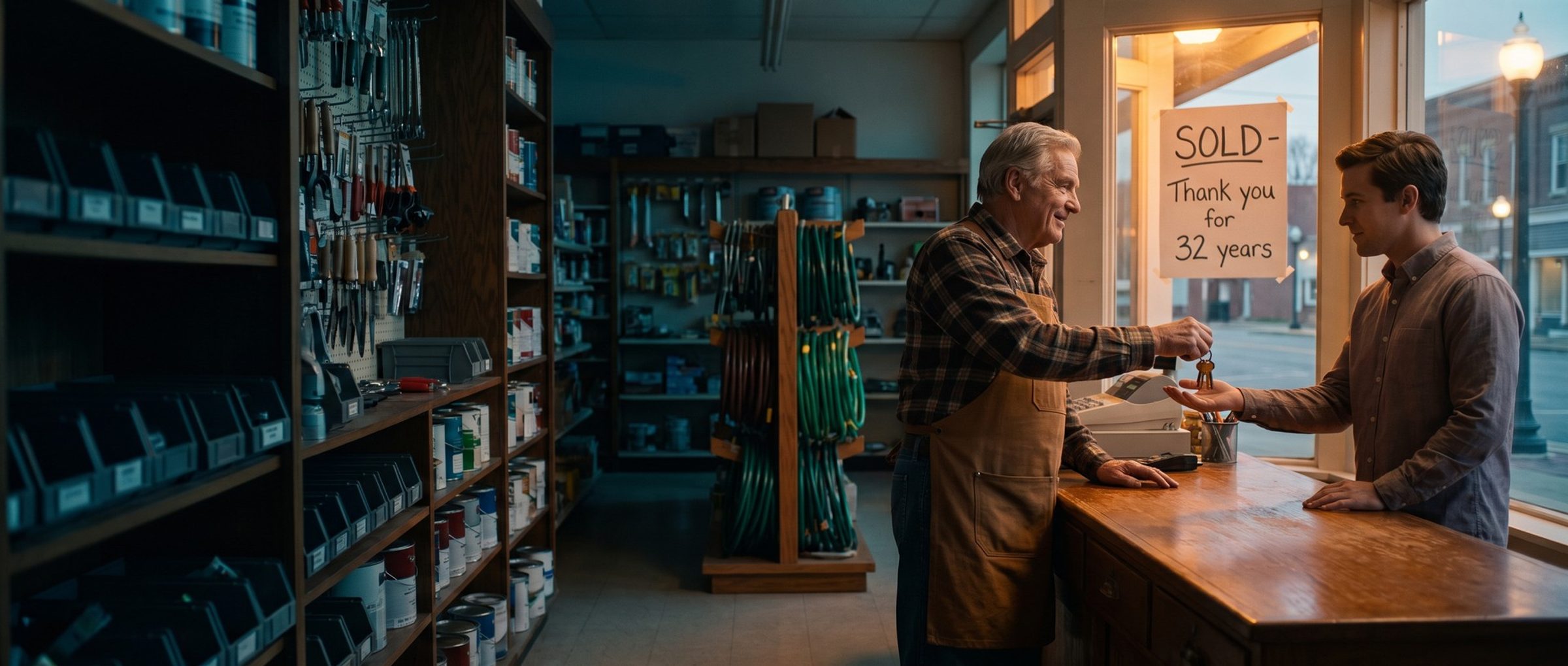 In an old small-town hardware store, a gray-haired owner in a shop apron hands a ring of store keys to the younger buyer across the counter, a window sign behind them reading SOLD, thank you for 32 years