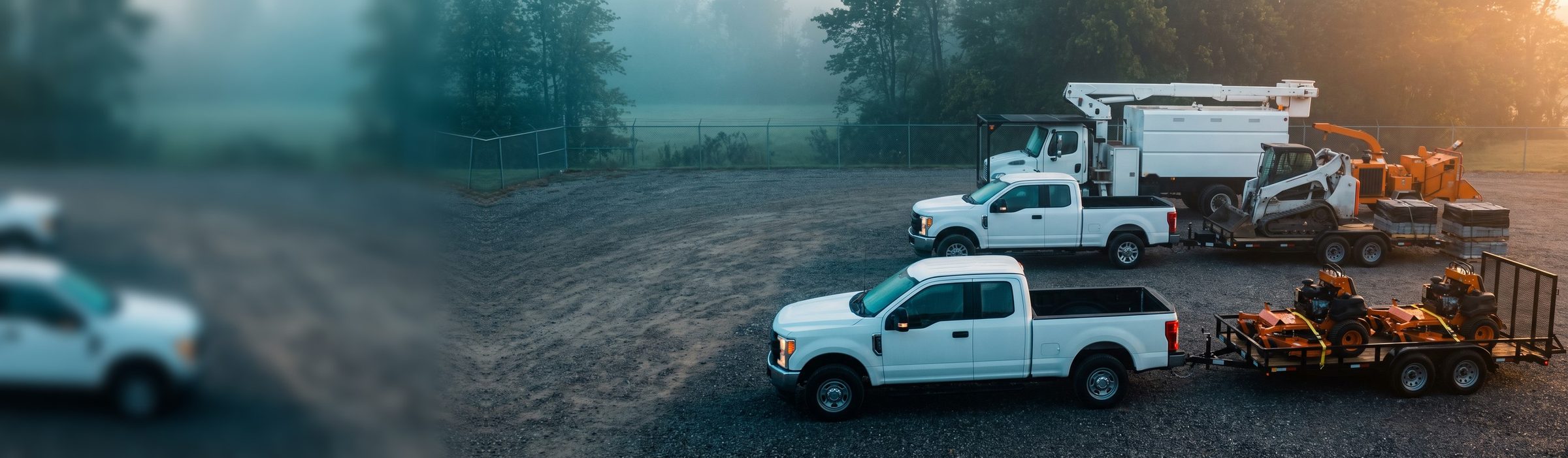 Three landscaping rigs lined up at dawn in a misty gravel equipment yard: a white pickup towing a trailer of orange stand-on mowers, a pickup towing a skid steer with pallets of pavers, and a white bucket truck beside an orange wood chipper