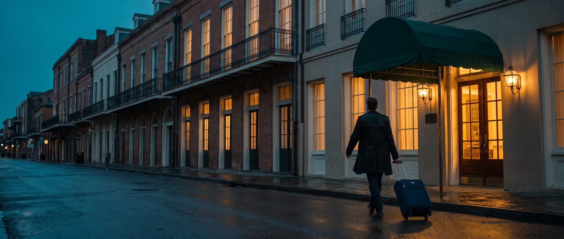 A quiet historic street at blue hour, wet pavement reflecting warm light, as a traveler in a dark coat seen from behind rolls a navy suitcase toward a boutique hotel entrance with a green awning, brass lamps and a glowing glass door