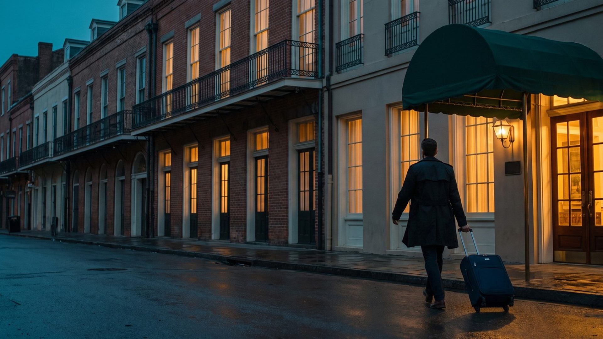 A quiet historic street at blue hour, wet pavement reflecting warm light, as a traveler in a dark coat seen from behind rolls a navy suitcase toward a boutique hotel entrance with a green awning, brass lamps and a glowing glass door