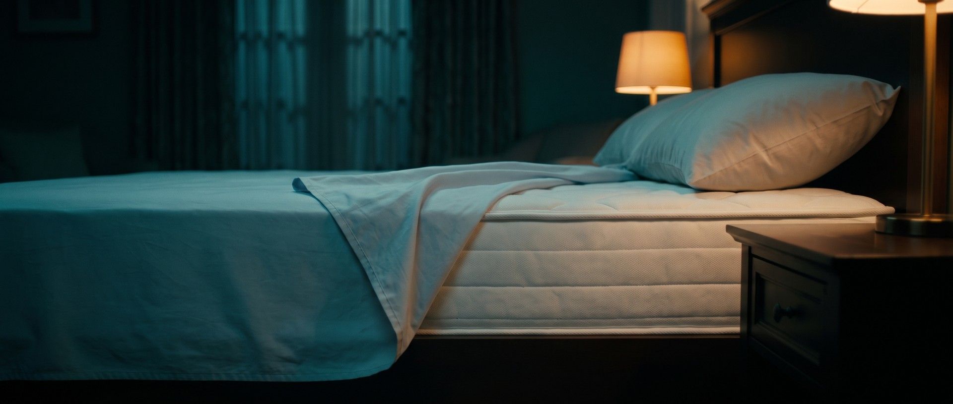 A bed at midnight with the fitted sheet pulled back from the mattress, one bedside lamp glowing on a dark nightstand