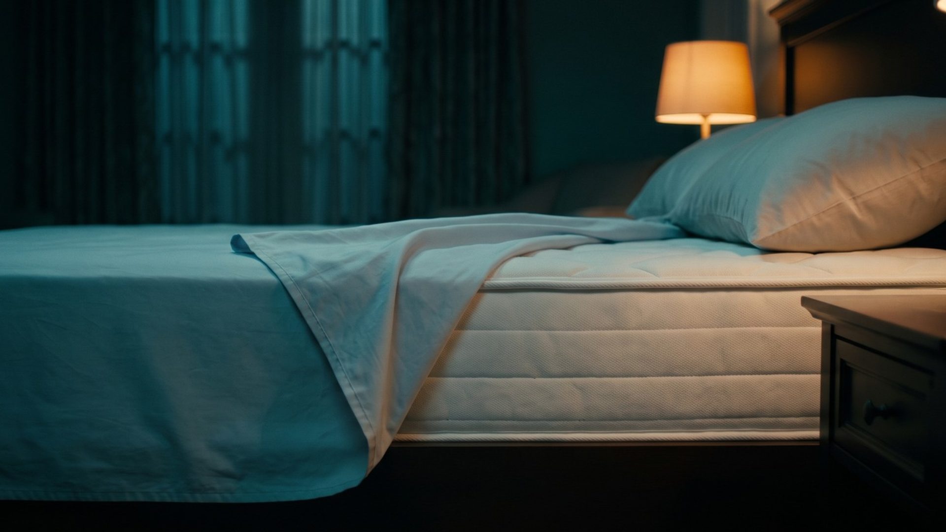 A bed at midnight with the fitted sheet pulled back from the mattress, one bedside lamp glowing on a dark nightstand