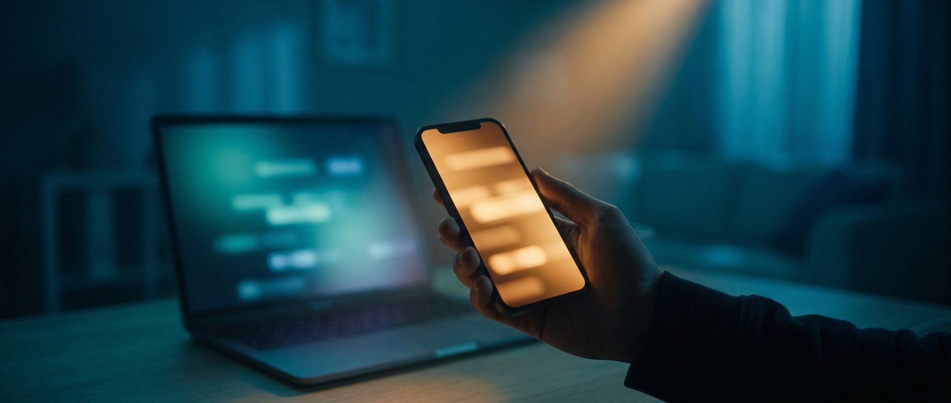 A hand holding a smartphone with a glowing screen in sharp focus, an out-of-focus glowing laptop behind it - the customer is on the phone, not the laptop.