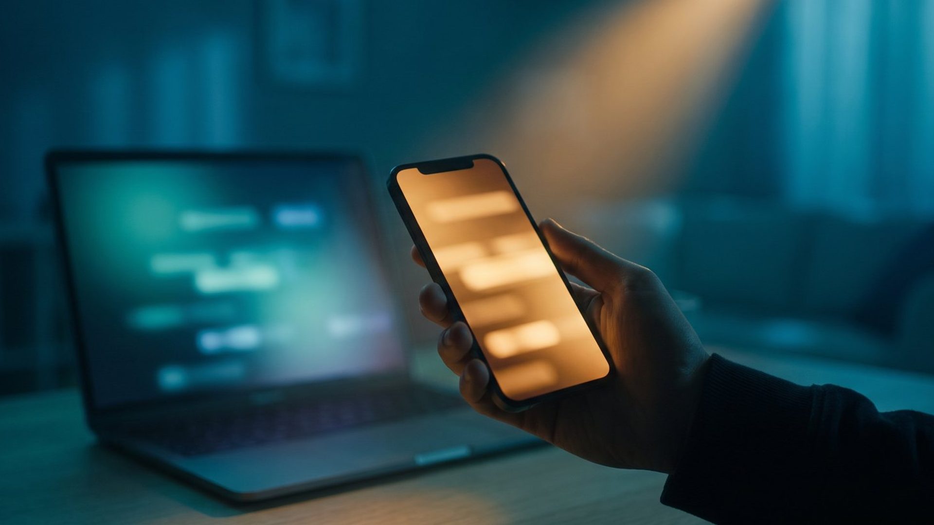 A hand holding a smartphone with a glowing screen in sharp focus, an out-of-focus glowing laptop behind it - the customer is on the phone, not the laptop.