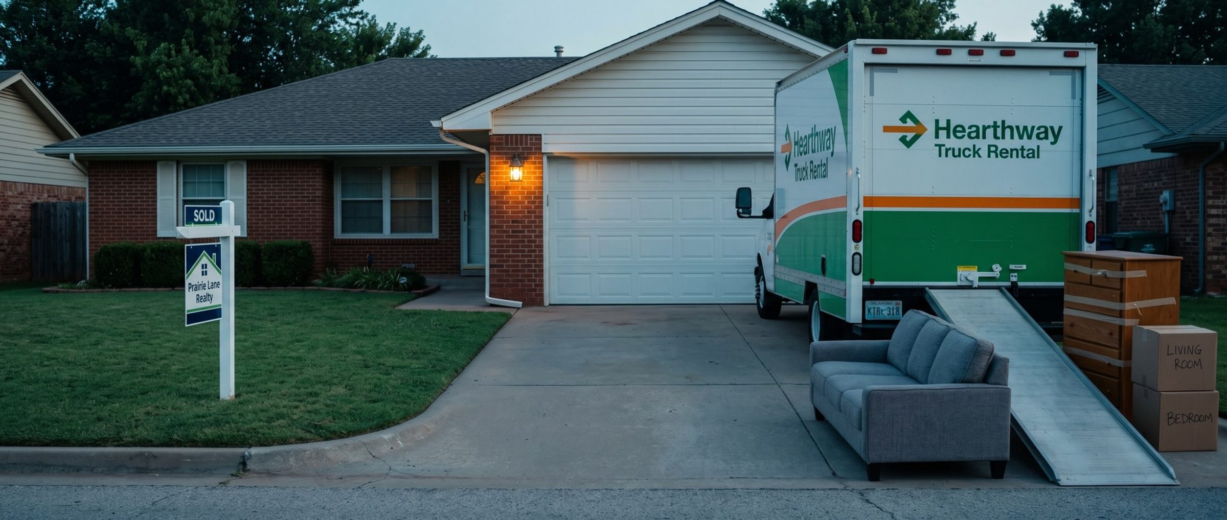 Moving day in a suburban driveway: a brick house with a SOLD yard sign on the lawn, and a rental moving truck with its ramp down, a gray sofa, a taped-up dresser and moving boxes marked Living Room and Bedroom waiting on the driveway