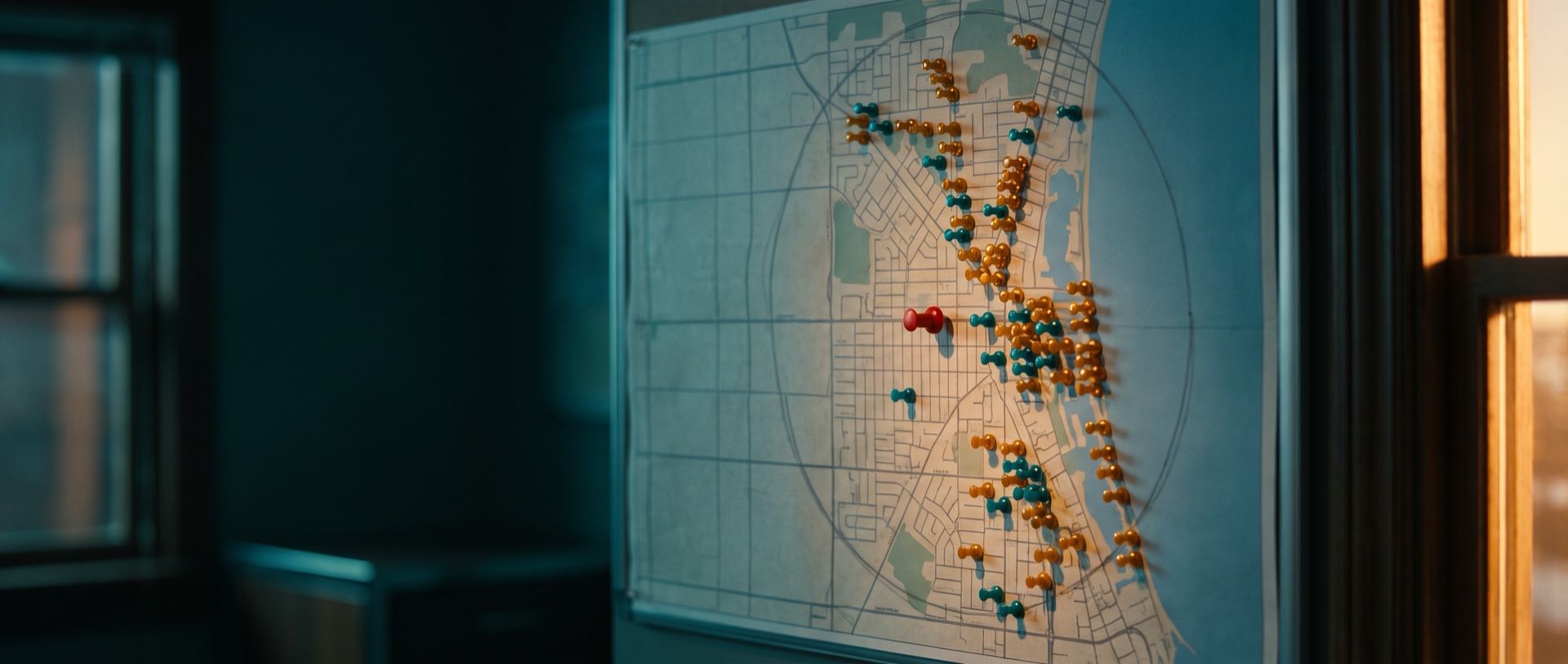 A pest control dispatch office wall map at dawn with amber and teal pushpins clustered along the coast and a few streets, and a faint pencil circle around the shop that sweeps over the bay and empty blocks