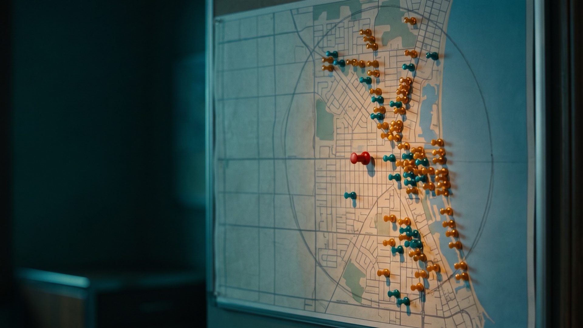 A pest control dispatch office wall map at dawn with amber and teal pushpins clustered along the coast and a few streets, and a faint pencil circle around the shop that sweeps over the bay and empty blocks