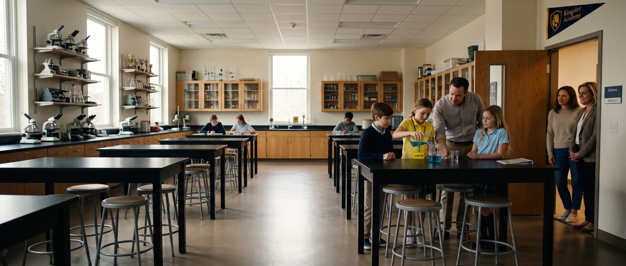 In a middle school science lab, a visiting girl with a yellow VISITOR lanyard pours blue water into a beaker beside two classmates and their teacher, while her mother and an admissions director watch from the open doorway under a Kingsley Academy pennant