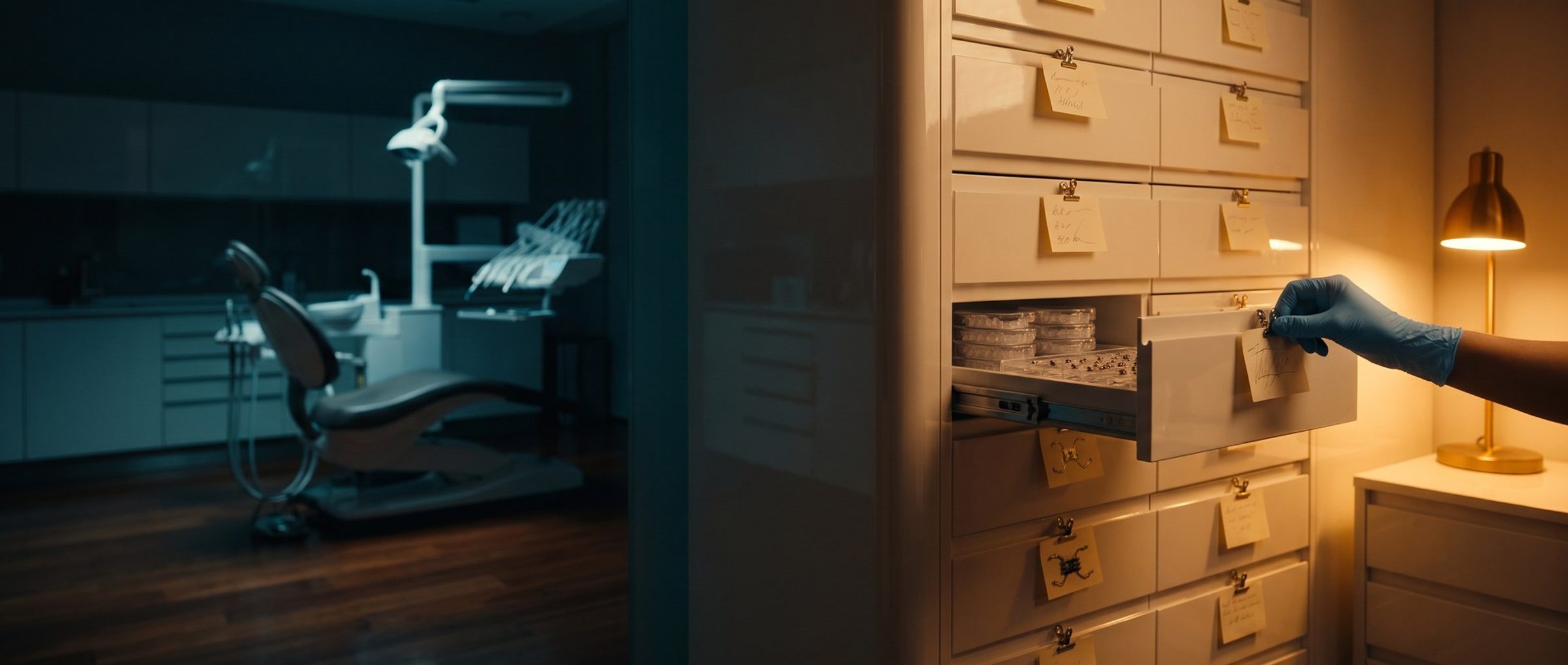 A gloved hand clipping a handwritten card onto a half-open drawer of orthodontic brackets in a wall of white supply drawers, every drawer carrying its own card, an empty treatment chair in shadow behind